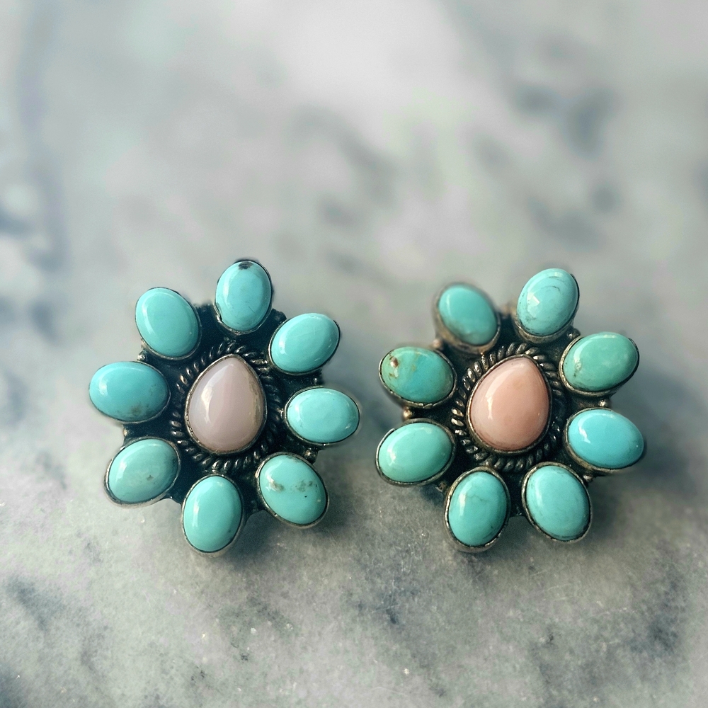 Turquoise and Pink Opal Sterling Silver Floral Design Stud Earrings